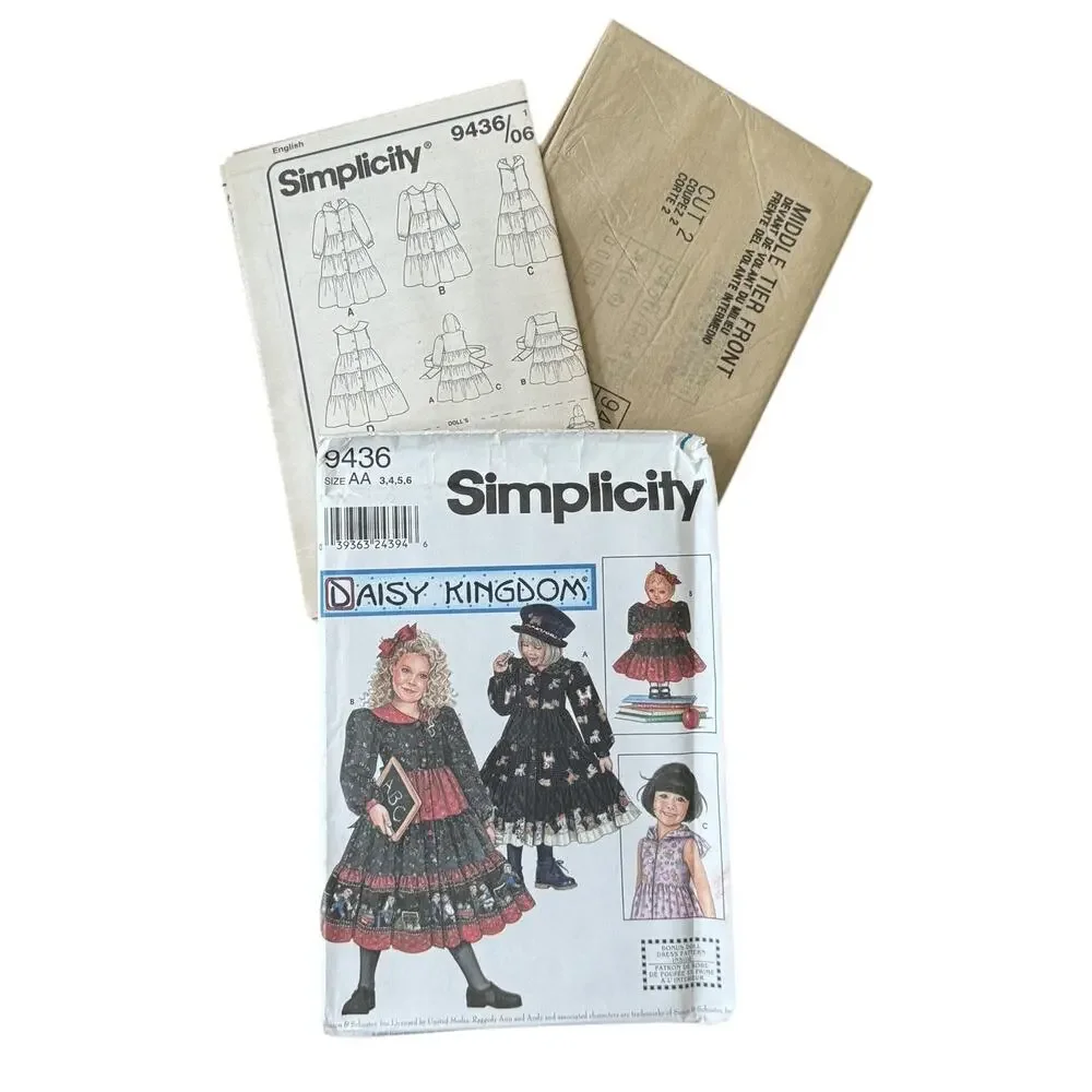 Simplicity 9436 Sewing Pattern Daisy Kingdom Girls 3 - 6 UNCUT 18” Doll Dress